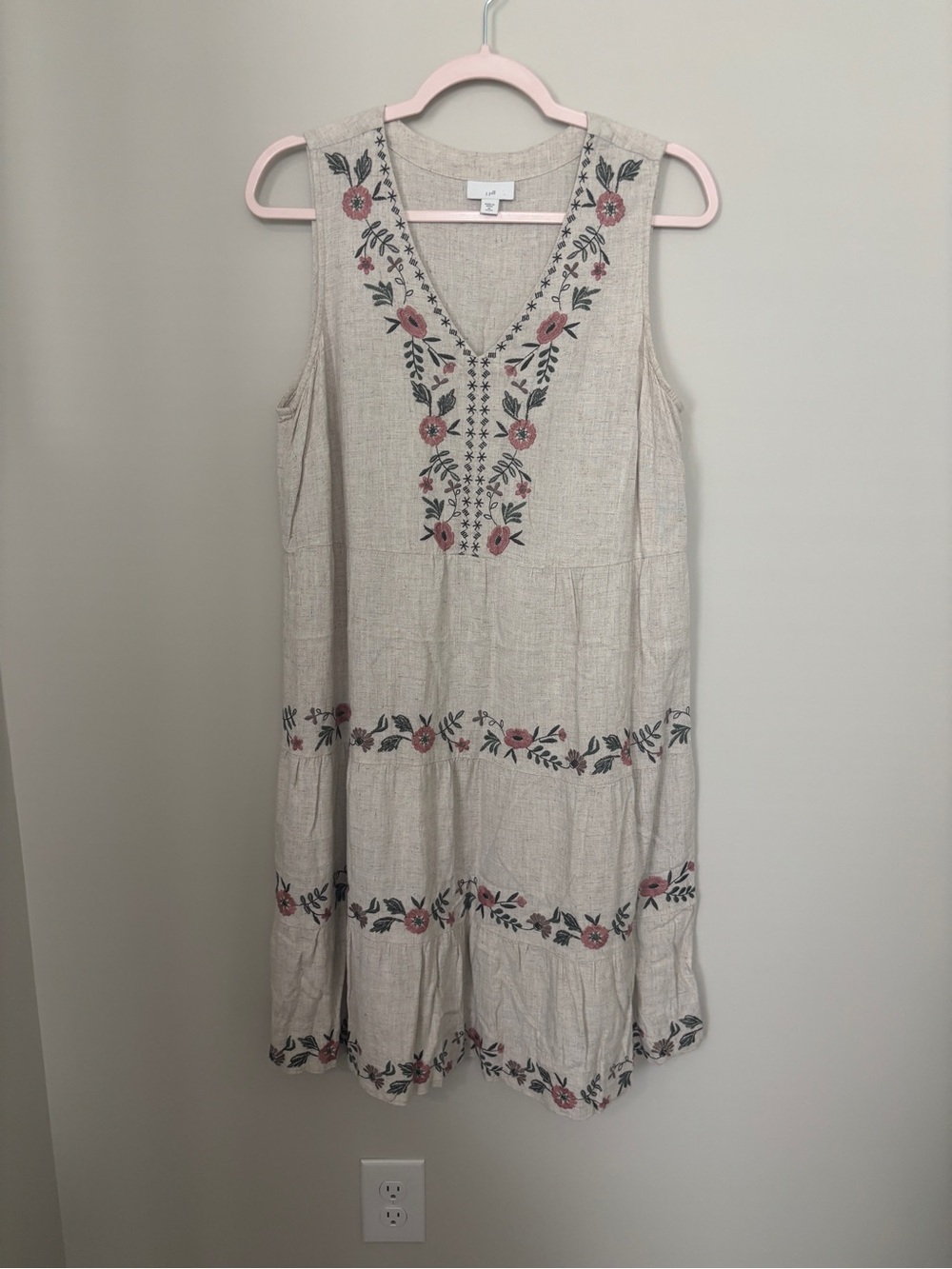 J. Jill Beige Sleeveless Tiered Dress with Pink & Green Embroidery Size M